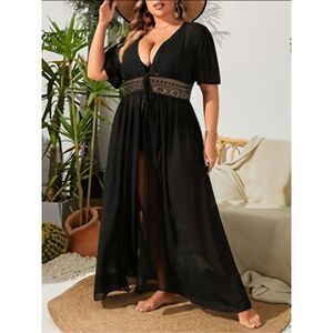 Black sheer lace tulam kimono coverup duster dress robe nwt 2xl fits plus
